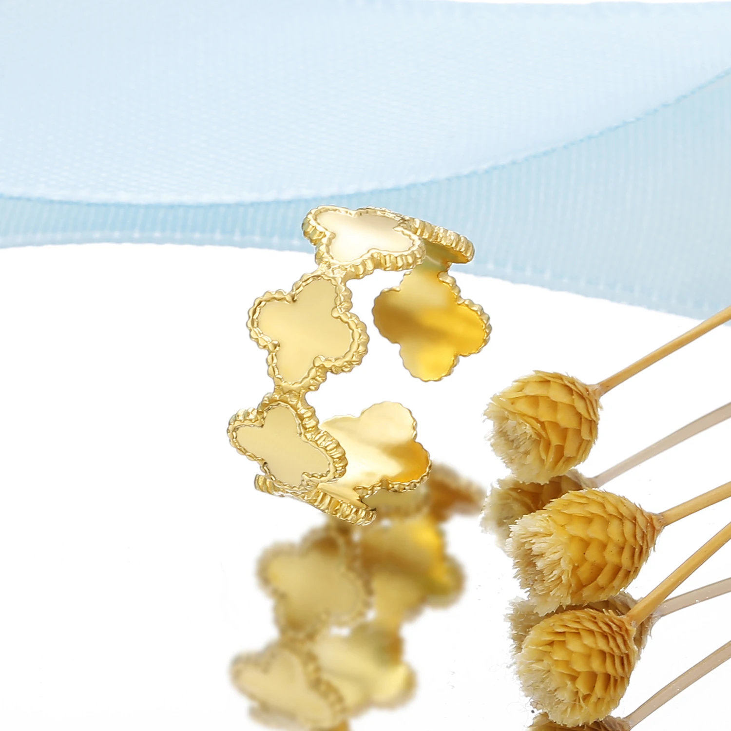 Women Jewelry Gold Plated Lucky Four Leaf Clover Ring Adjustable Stainless Steel Finger Ring