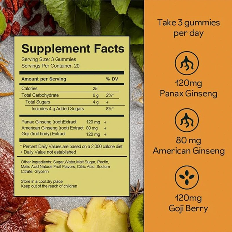 Herbal Energy Boost Gummies  All Natural with American Ginseng Korean Panax Ginseng Goji Extract Supports Mood Brain Focus Vegan