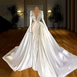 Jancember RSM67215 Long Sleeve Deep V Pearls Satin White Bridal Gowns Wedding Dress