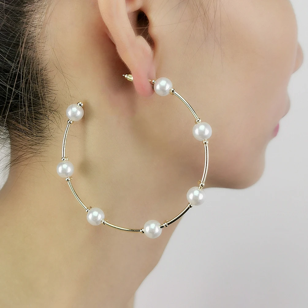 Europe And America C-Shaped Metal Gold Plated Ring Pearl Hoop Earrings For Women Wedding Jewelry