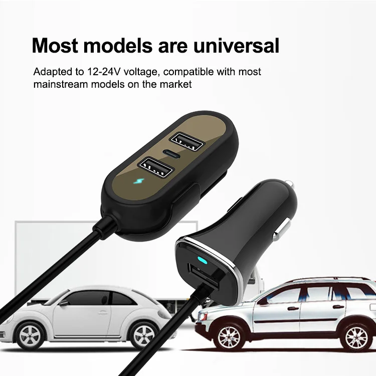 Universal Mobile Phone 2USB Type C PD18W QC3.0 Fast Car Charger 2.4A With Extension Cable