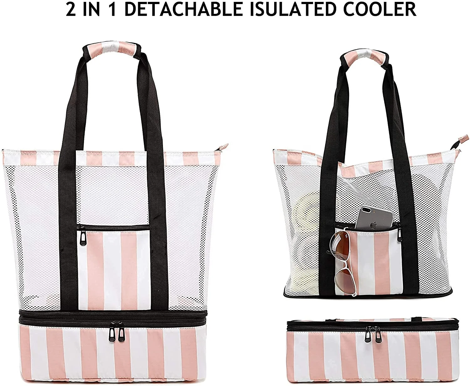 Tote Mesh Beach Bag with Cooler Sections Pool Bag for Women Detachable Insulated Picnic Bag