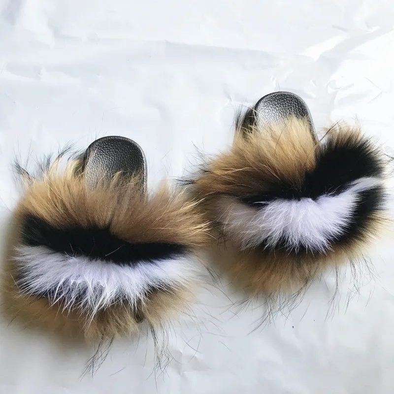 
Real Fur Slides Raccoon Fox Slides Fuzzy Sandals Furry Slides Kids Fur Slippers 