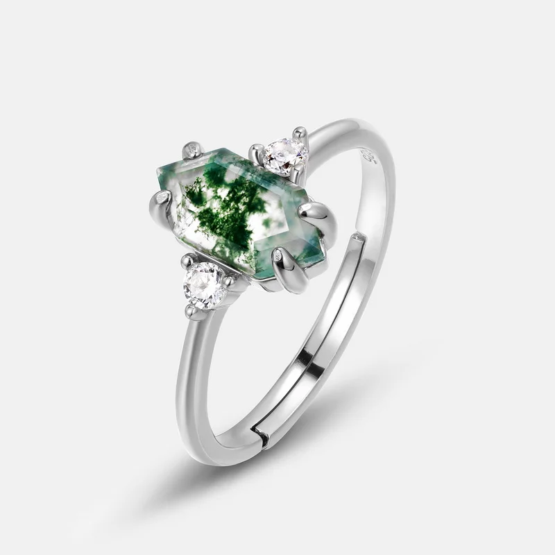 925 Silver Jewelry Retro Gemstone Open Ring 18K Gold Plated Hexagon Shape Natural Green Moss Agate Ring For Women Rings