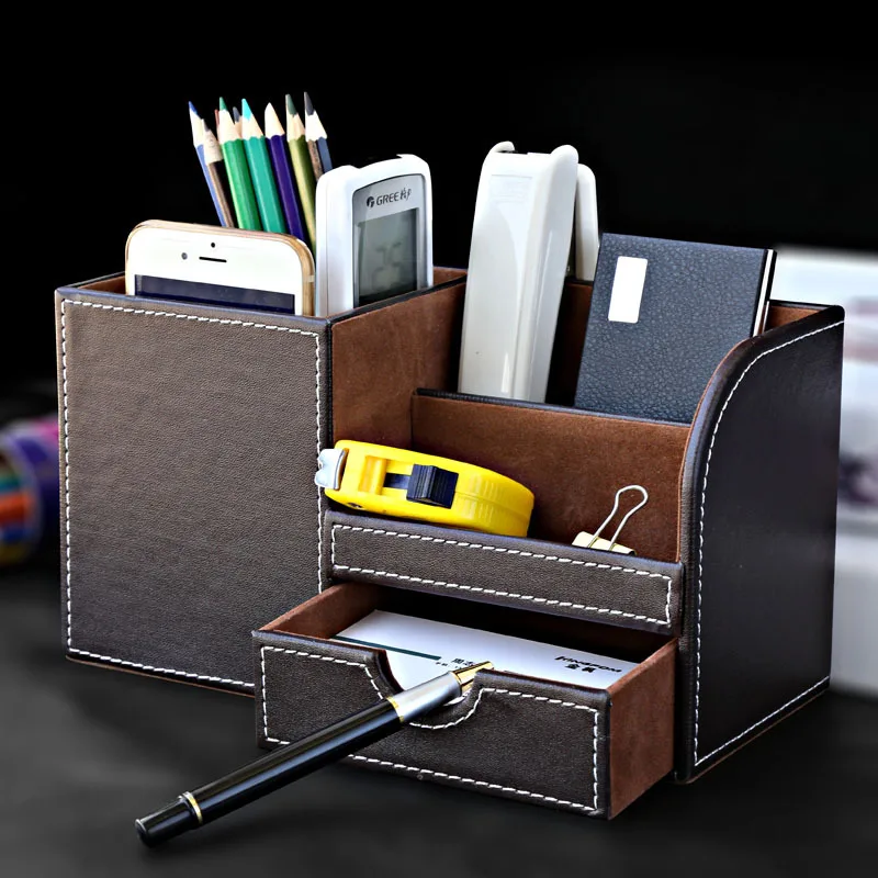 
7 Compartments Multi Function PU leather Office Custom Black Storage Box Desk Organizer with Small Drawer Stationery pen Holder 