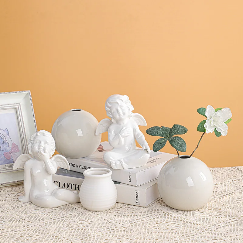 Wholesale Porcelain White Angel Figurines Ceramic Ornament Angel Sculpture Figurines for Desk Decoration for wedding