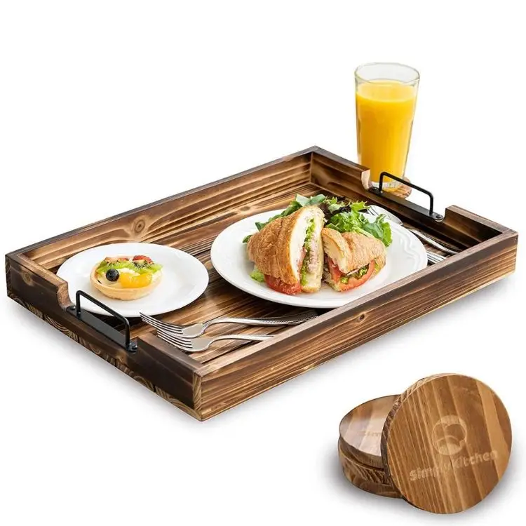 Rustic Torched Tv Serving Tray 20 X 14 Inch With 4 Rounded Fir Wood Coasters
