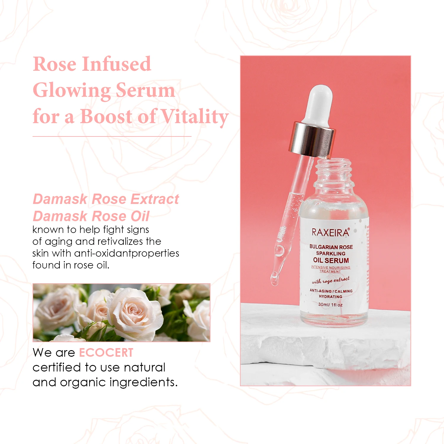 Hot Sale Skin Care Organic 30ml Bulgarian Rose Oil Anti Wrinkle Nourishing Hydrating Rose Oil Serum