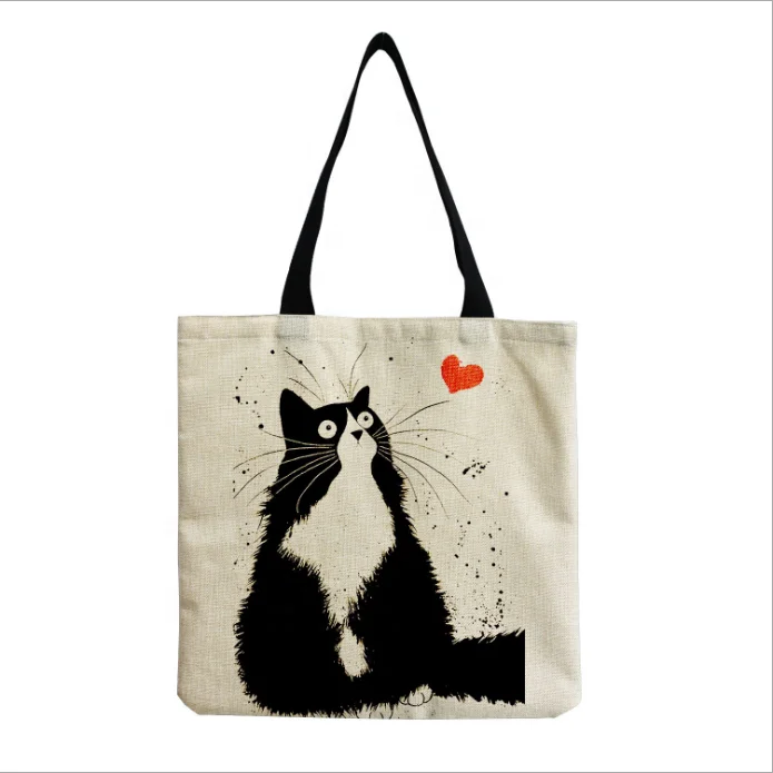 KY Customized Cute Cat Printing Women Handbag Linen Totes with Print Logo Casual Traveling Beach Bags