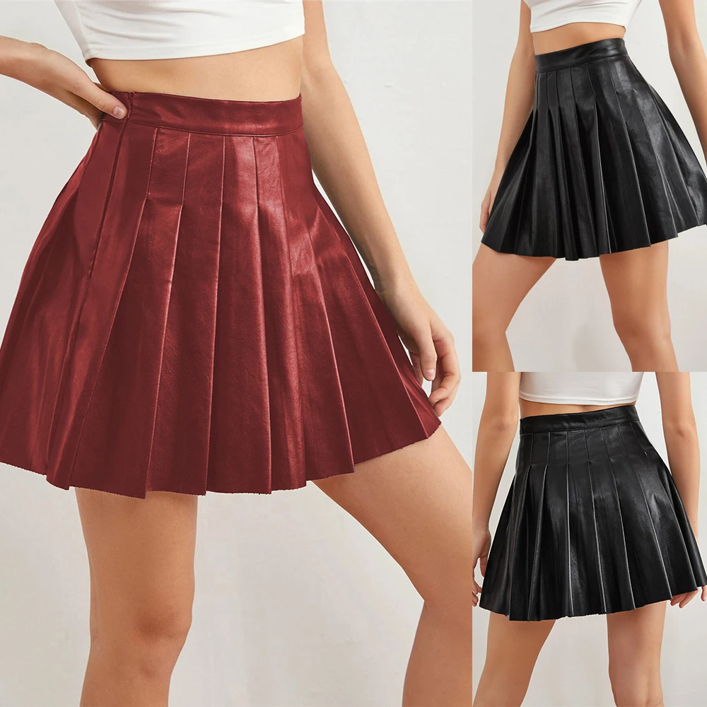 2021 New arrivals fall 2021 women clothing sexy woman black pleated leather short mini skirt