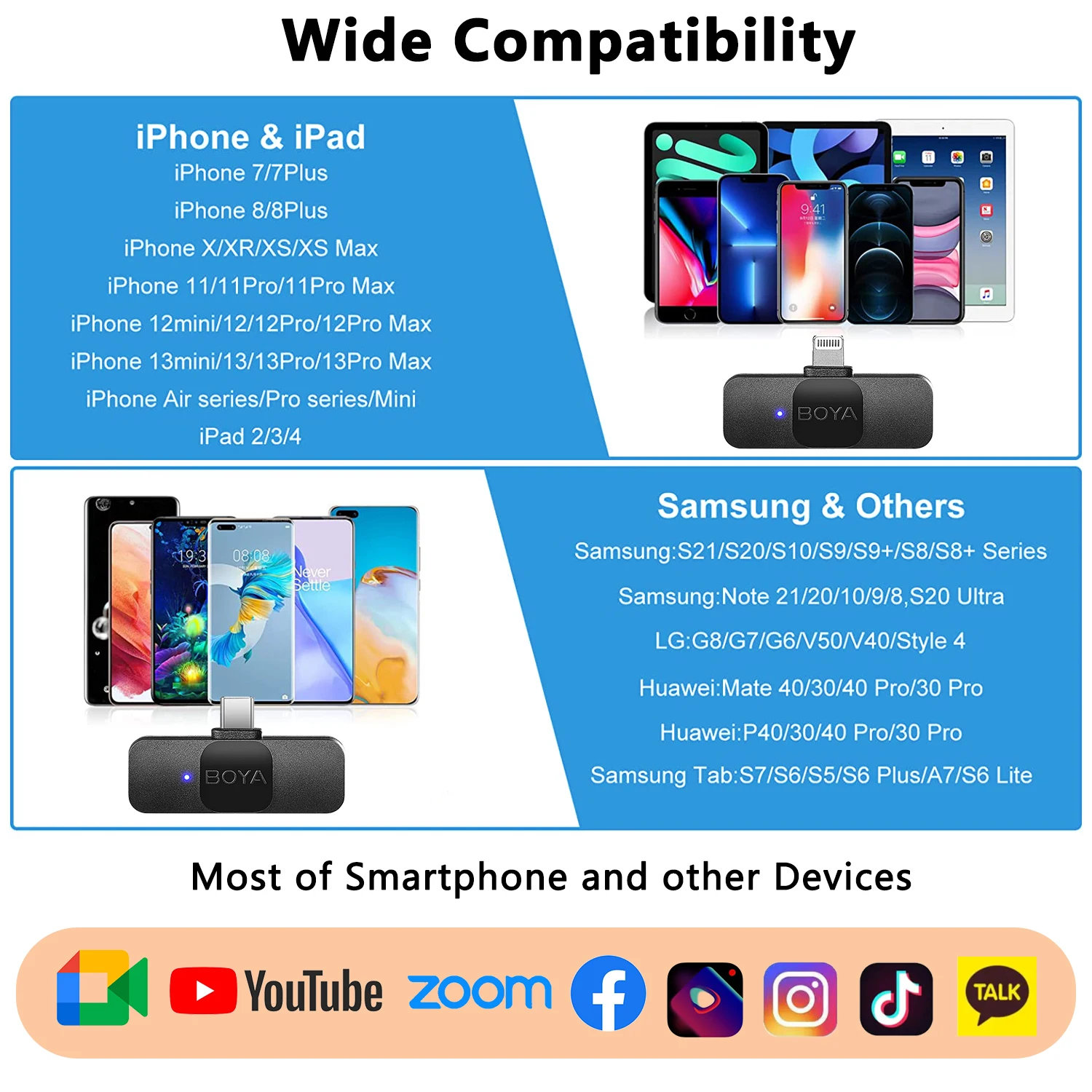 BOYA BY-V2 Video Recording Interview Live Streaming Cancellation Omnidirectional Wireless Lavalier Microphone for iPhone iPad