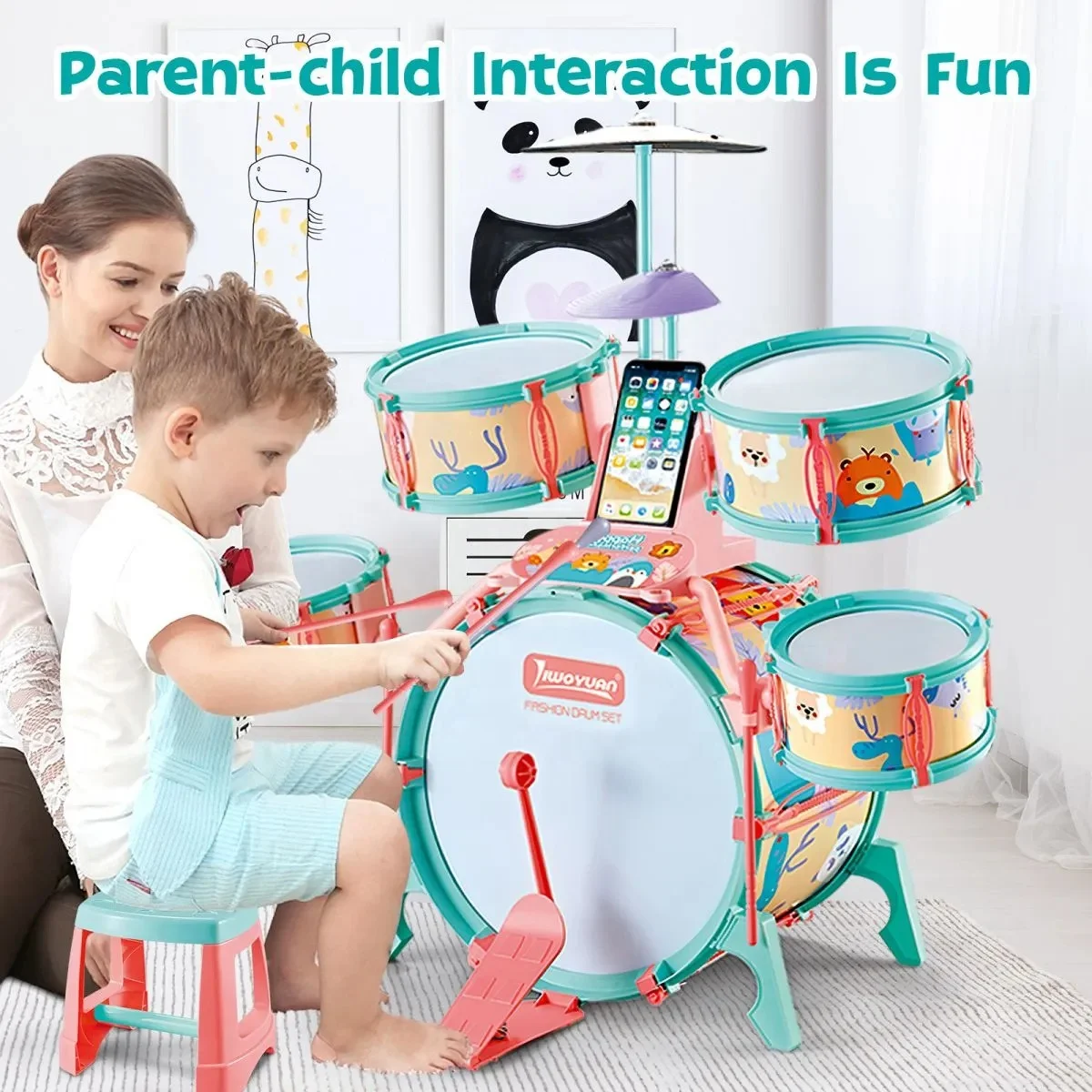 Children Jazz Drum Play Set with Stool Cartoon Educational Musical Instrument Toys Multifunctional Jazz Drum Set Toy for Kids