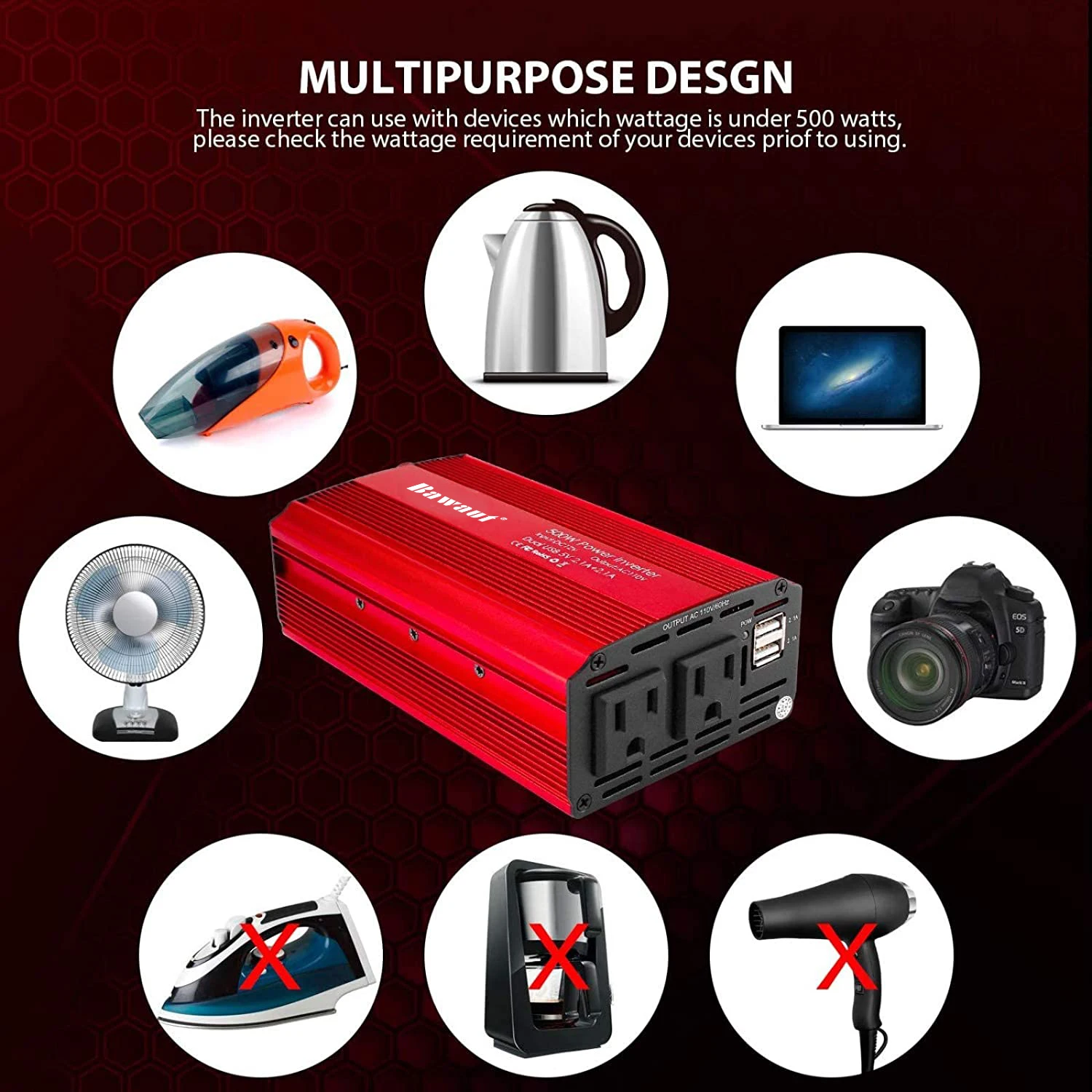 Power Inverter 500W DC 12V To AC 110V 220V Dual AC Charging Port And 2A USB Ports For Laptop Smart Phone