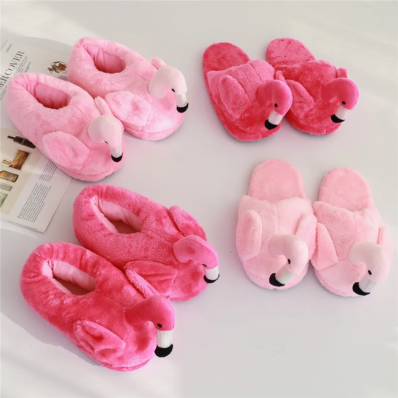Pink Flamingos Plush Slippers Women Men Cotton Winter Home Animal Slippers