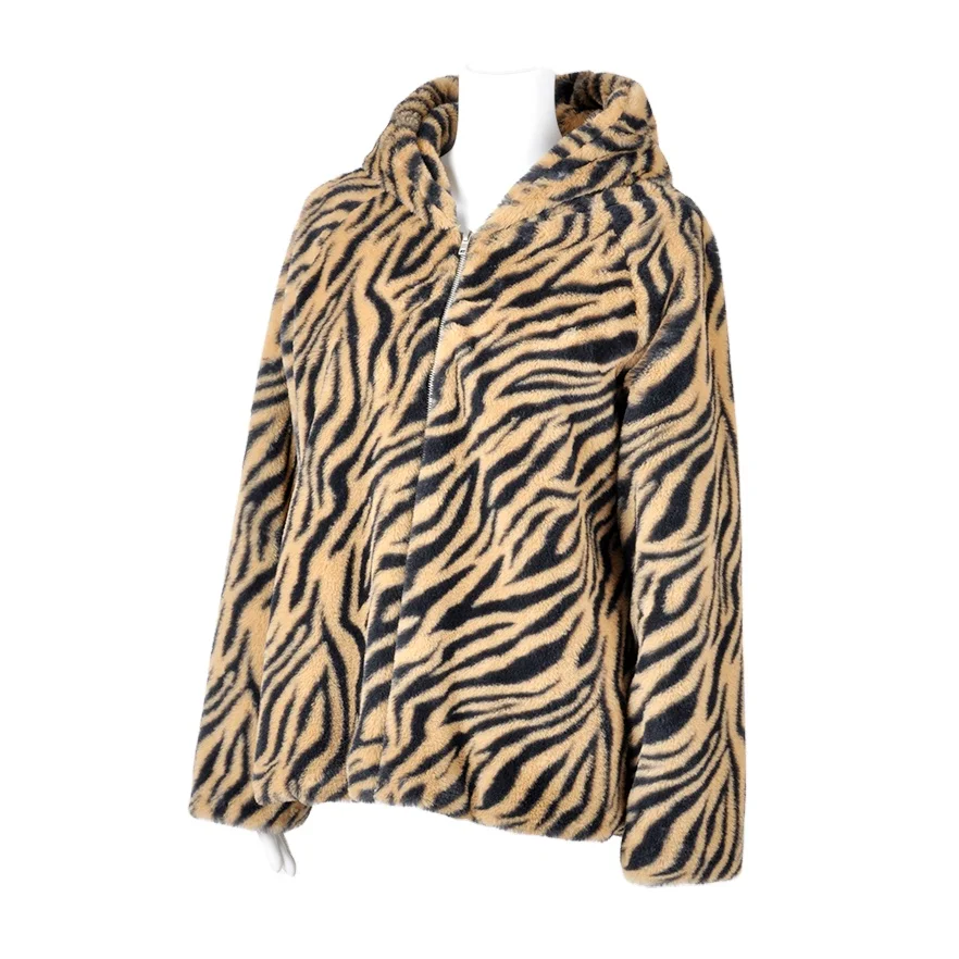 Hooded Jacket Zebra Print Warm Women Fashion Coat Ladies Winter Jacket Fur
