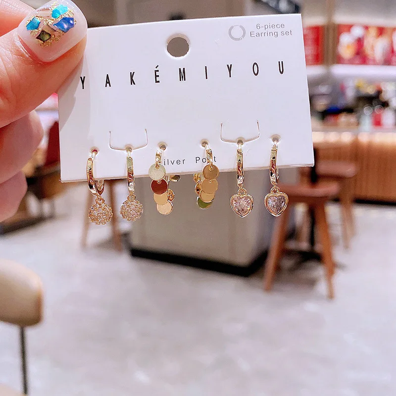 Trendy Earrings Jewelry Heart Shape Zircon Pendant Hugging Earrings INS Fashion Gold Tassel Earrings Sets For Multiple Piercings