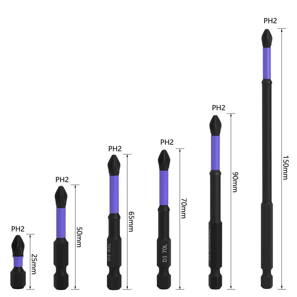 6PCS Magnetic Impact Phillips Drive Bit PH2 S2 Steel Phillips Cross Slot Screwdriver Bit