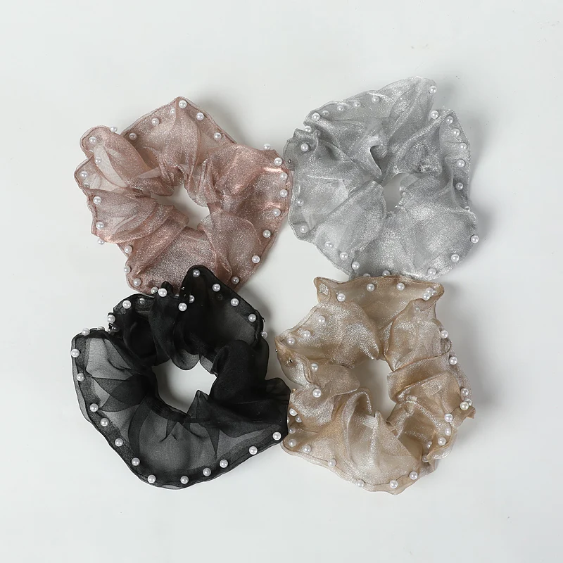 French Female Temperament Pearl Head Rope New Oversized Mesh Hair Ring Large Intestine Ring High Ponytail Pill Head Leather Rib