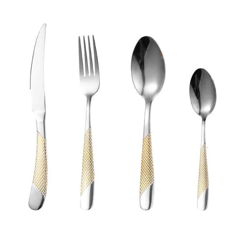 Лидер продаж длинные и серебряные Роскошные стейки из нержавеющей стали вилки ложки столовые приборы набор золотых столовых приборов