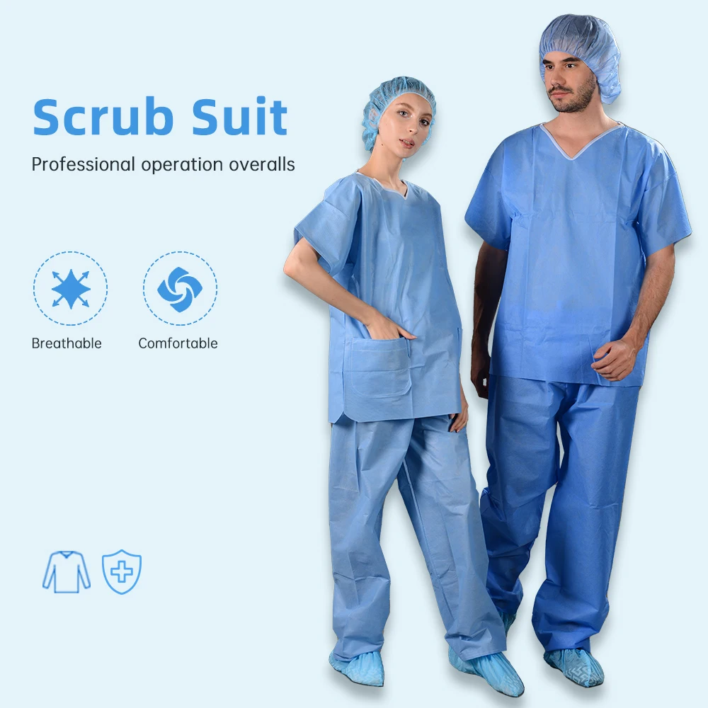 PP Nonwoven Blue Hospital Uniforms Disposable Nurse Scrub Suit and Doctor Pajamas for Patients Comfortable and Hygienic
