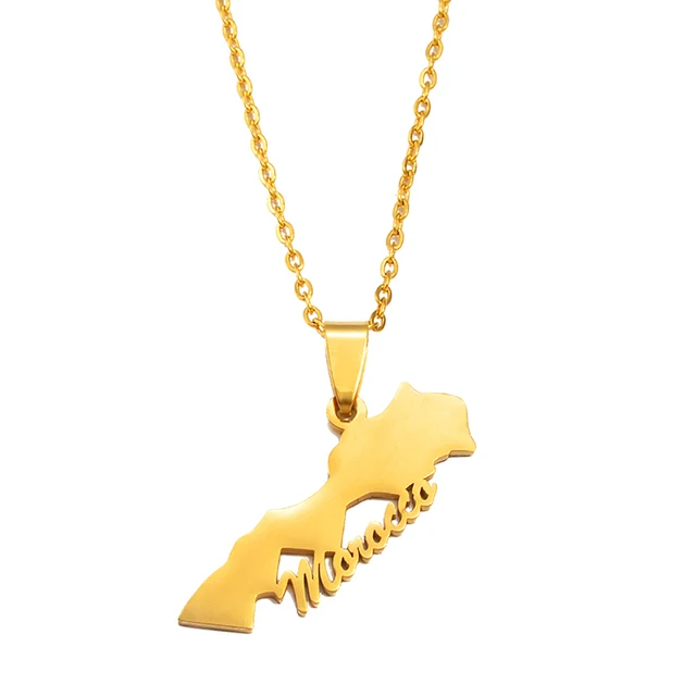 Morocco Map Pendant Necklaces Ethnic Jewelry Stainless Steel Le Royaume du Maroc