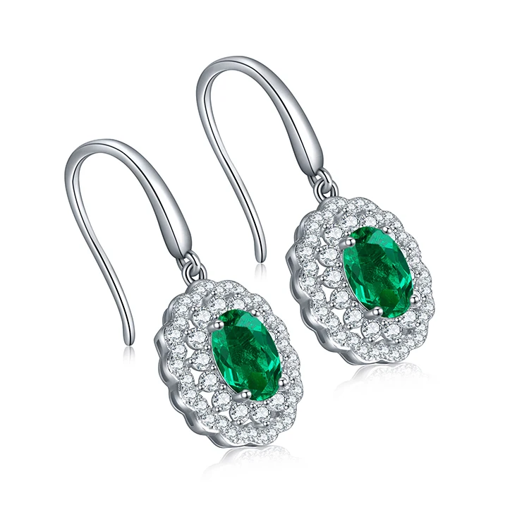 Fashion Ear french Hook Dangle Earring Oval cut 1.40ct Lab Grown Zambia Emerald Earring
