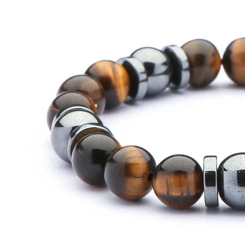 wholesale grade  AB+ natural stone beads natural Gemstone 8mm brown tiger eye stone and hematite men bracelet