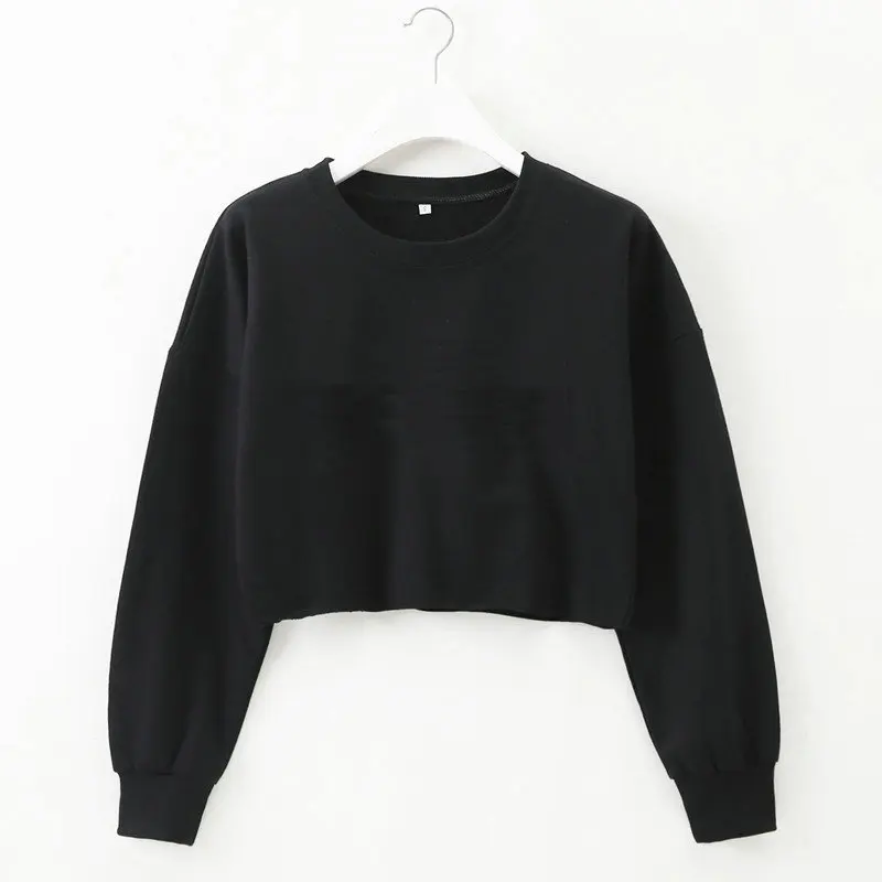 
White crop top crewneck women pullover hoodies long sleeve autumn sweatshirt crop top hoodie women 
