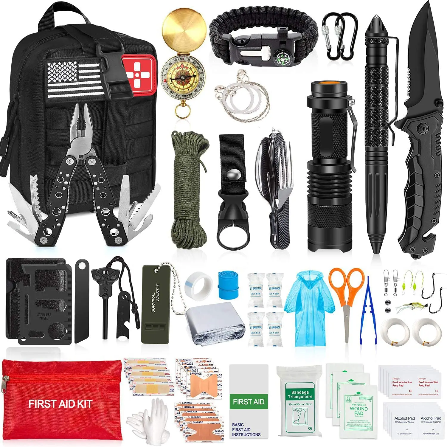 Kongbo 200pcs Emergency Survival Kit and First Aid Kit Professional Survival Gear SOS Emergency Tool with Molle Pouch