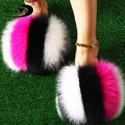 Open Toe Single Strap Slip On Sandals Real Fox Fur Women Multicolor Pvc Bag Accept Customized Logo