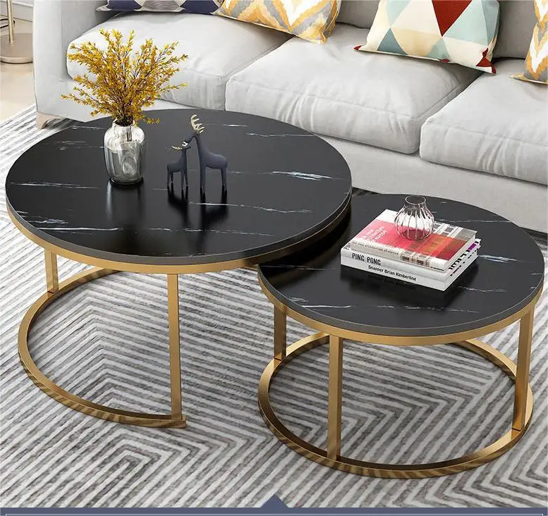 Nordic Set of 2 Faux Marble Top Center Table Golden Metal Frame Luxury Tea Table Living Room Furniture Round Marble Coffee Table