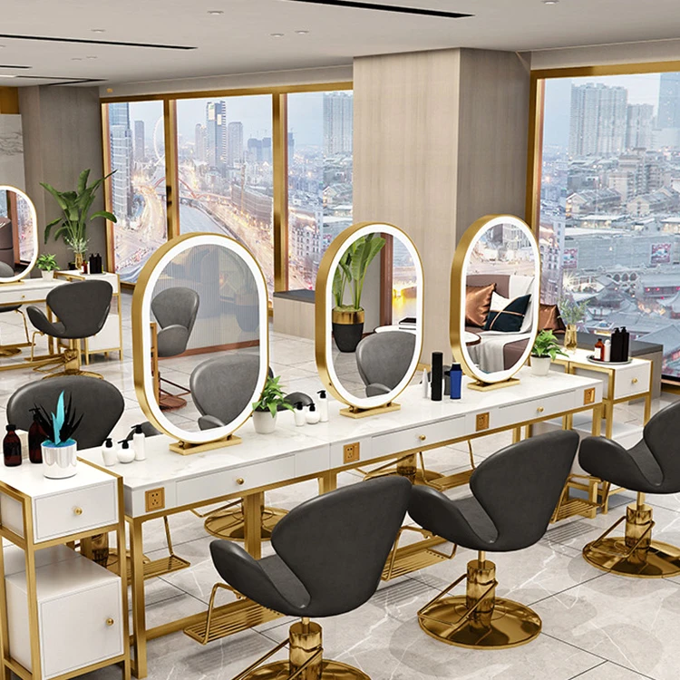High Quality Barber Hair Salon Furniture White And Gold Beauty Hairdressing Styling Stations Salon Mirror Station