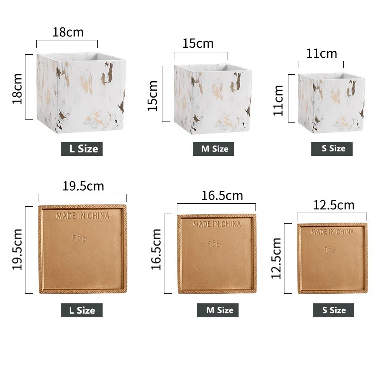 Wholesale Gold And White Marble Effect Cement Square Flower Pot