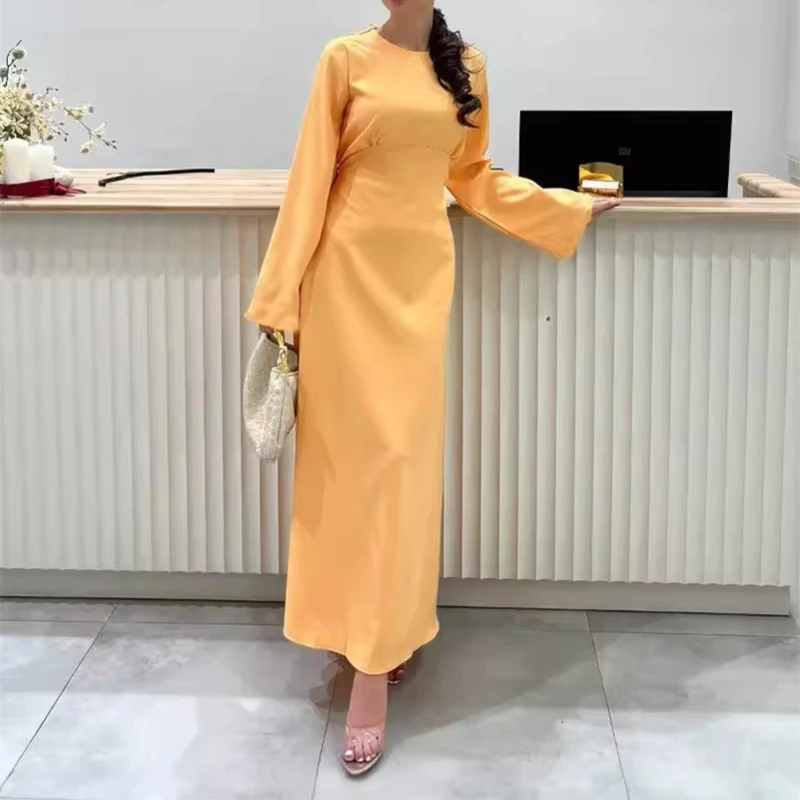 Modest Elegant Floor Length Tee Dress Ladies Slim Plain Long Sleeve Abaya Cotton Linen Maxi Muslim Dresses For Women