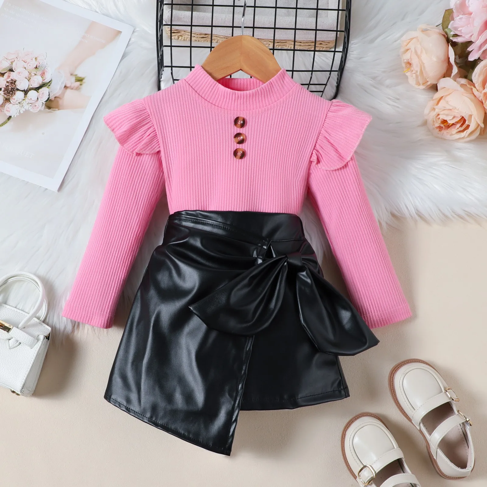 European American Fall/Winter Fashion Girls Top with Flying Sleeves Solid Color and Pu Bow Irregular Leather Skirt for Children