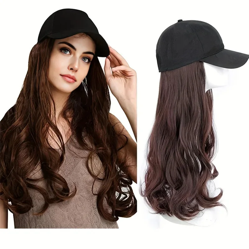 Wholesale Super Quality Long Wavy Natural Wig With Hat Women Heat Resistant Synthetic Hair Wigs Artificial Hair Fiber