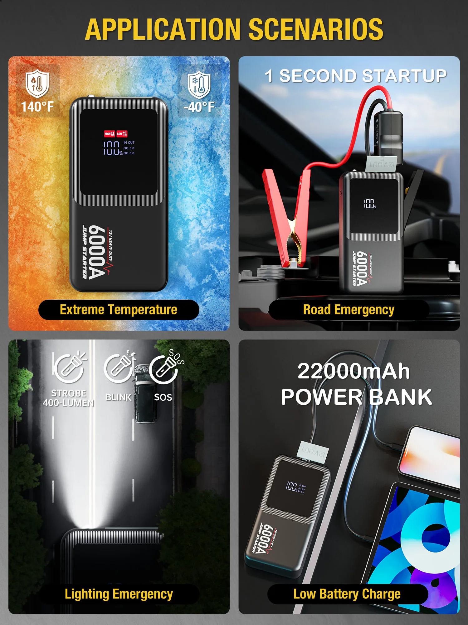 12v 22000mAh 6000A High Power Car Jump Starter Power Bank / Multi-Function Portable Lithium Battery Booster Car Starter