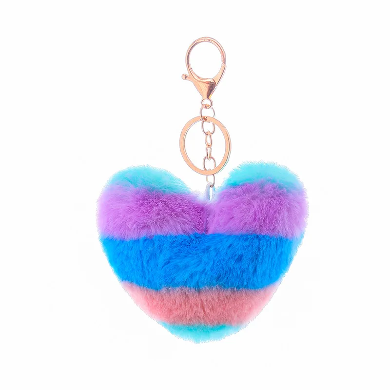 Rainbow Heart Shape Pompom Heart Shape Keychain Fur Pom Pom for Bag Keyring