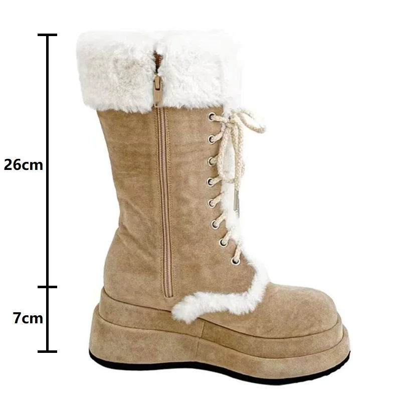 Thicken sole plush snow boots warm mid-calf boots retro height increasing knight boots lace-up shoes