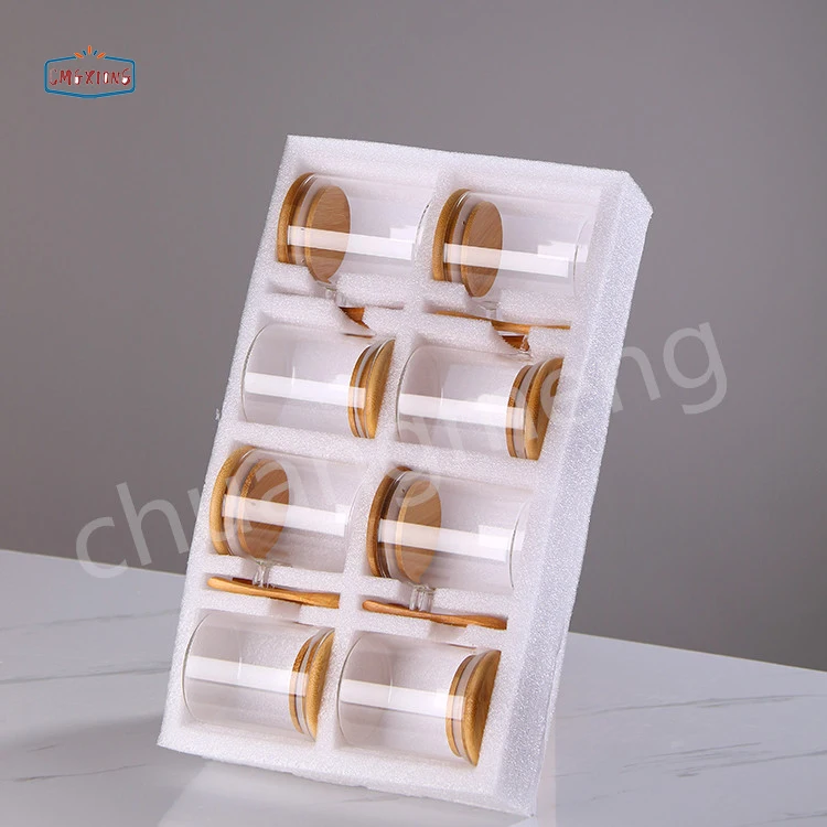 Customized 8pcs 180ml High Borosilicate Glass sealed Bamboo Lid Storage Jar Sets