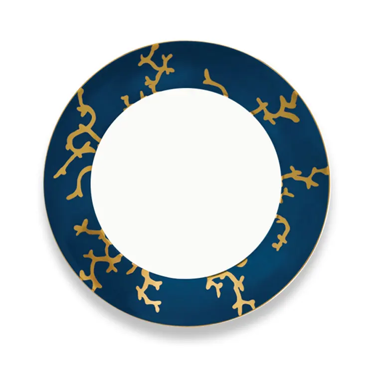 wholesale fine bone china blue with gold rim elegant ceramic dinnerware sets for wedding hotel use