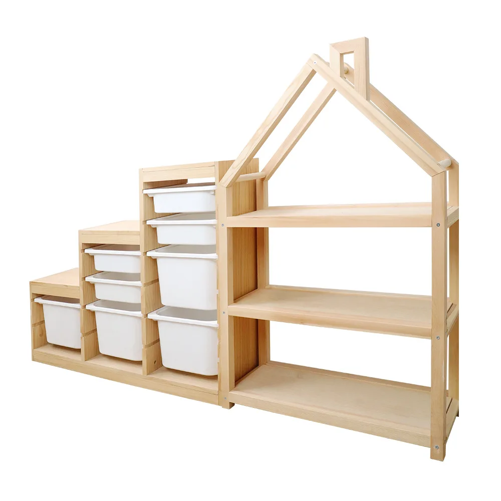 Children Bookshelf Simple Multilayer House-shape Floor Standing Shelving Study Bookcase Toy Storage Rack Cabinet Wood Modern