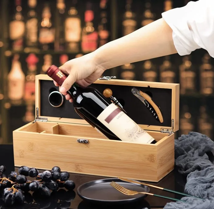 Wine Box with 4  Accessories Set Fathers Day Wine Gifts for Men Dad Gifts Bamboo Wine Case with Tools Set