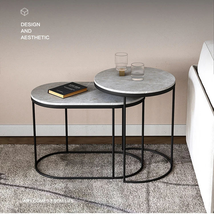 Hot Selling Living Room Modern Furniture Side Table Set Coffee Table With Stone Plate Stool