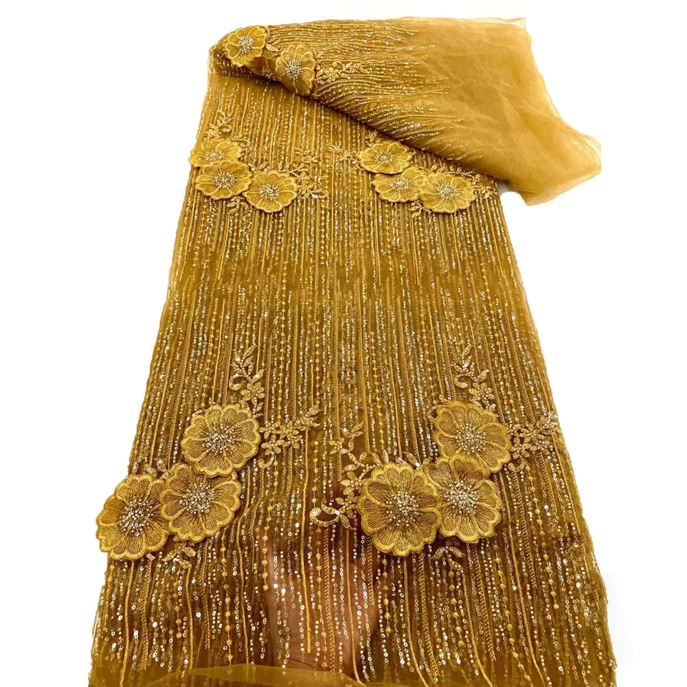 Beautifical African Lace Fabrics 2023 New Fashion 3d Nigerian net lace with sequins 5yards for wedding dress ML87N88