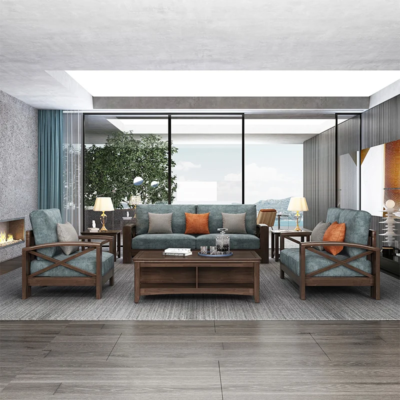 Fabric Sofa Furniture Solid Wood Sofa 1+2+3 combination wood with cloth living room wooden furniture