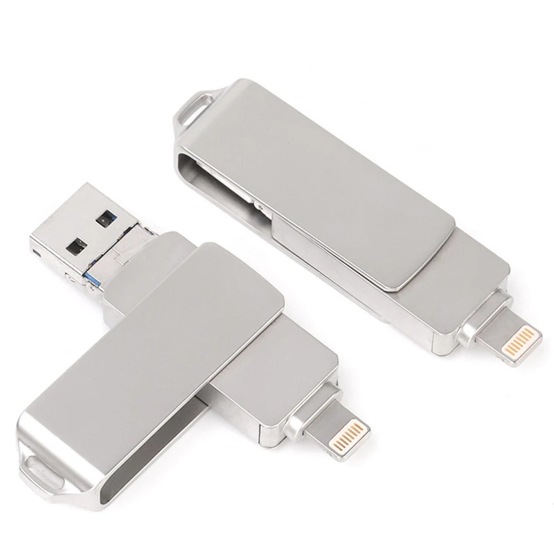 3 In 1 Mobile Phone USB Flash Drive Metal 360 Rotating U Disk Gift Type-C, Lightning, Micro USB Drive