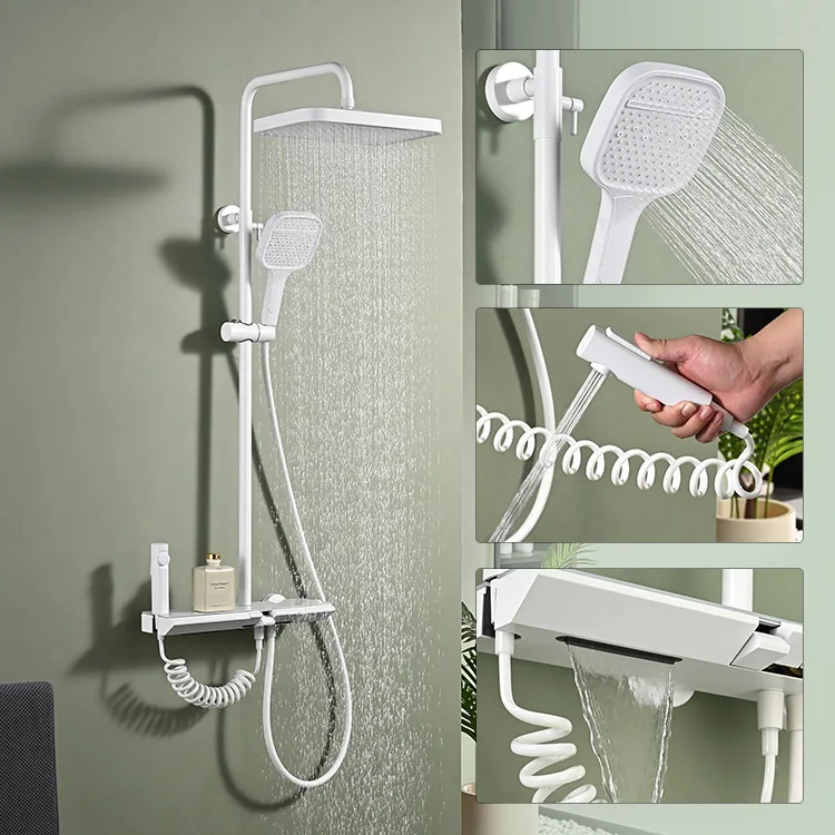 Kidolux Matt White Bathroom Wall Mounted Copper Piano 4 Key Faucet Shower Rainfall System Set Hot Cold 4 Function Tap Shower Set