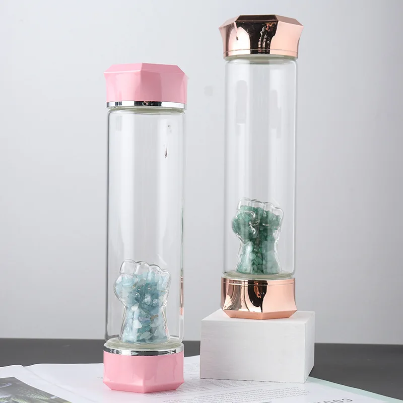 Energy Rose Quartz Crystal Infused Glass Water Bottle with Dreamy Amethyst Healing Wand and protective sleeve bag 550ml 18oz