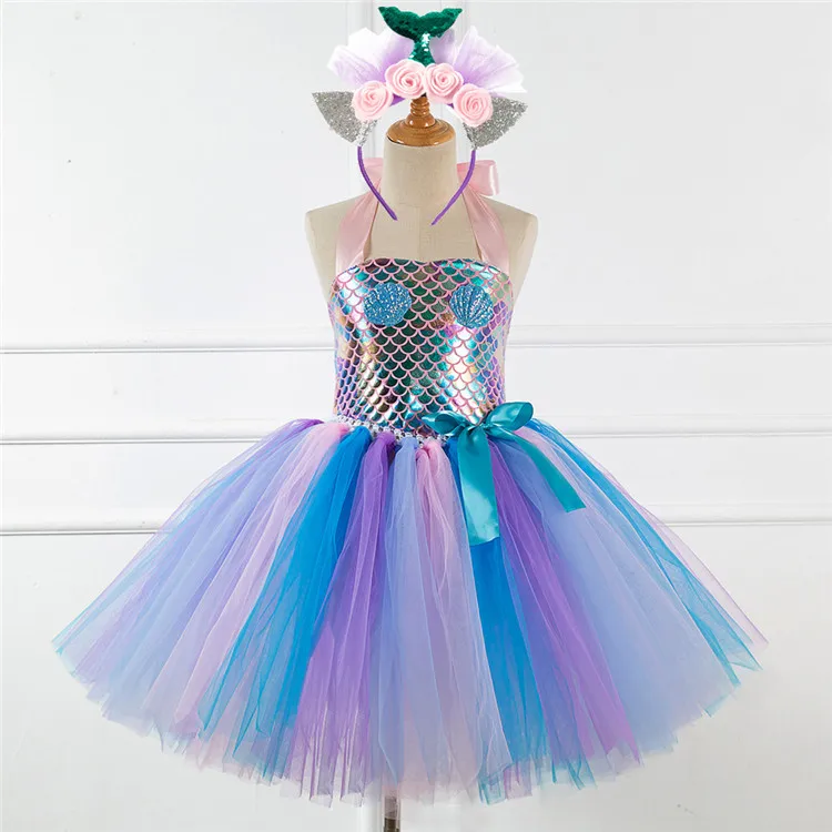 Girls Cosplay Mermaid Tutu Dress Birthday Costume for Girls 2-12 years
